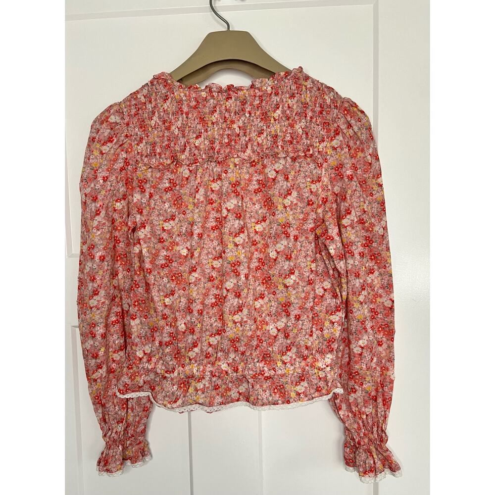 American Eagle Floral Top Shirt SMALL Long Sleeve Smocking Lace Detail - Picture 2 of 9